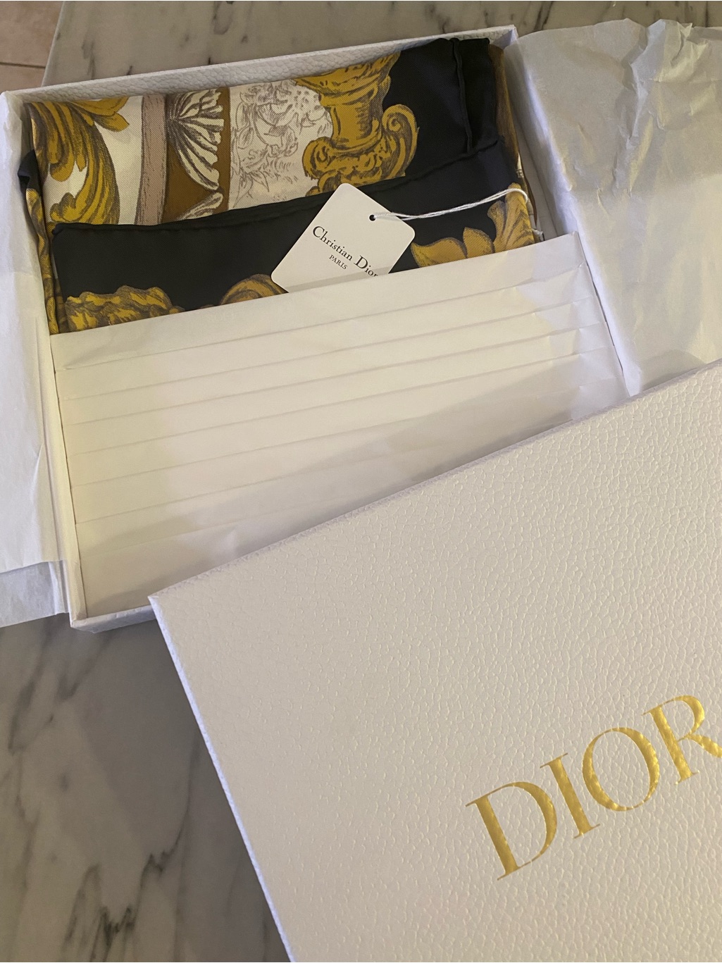 Dior Silk Scarf In Black And Gold Baroque Print